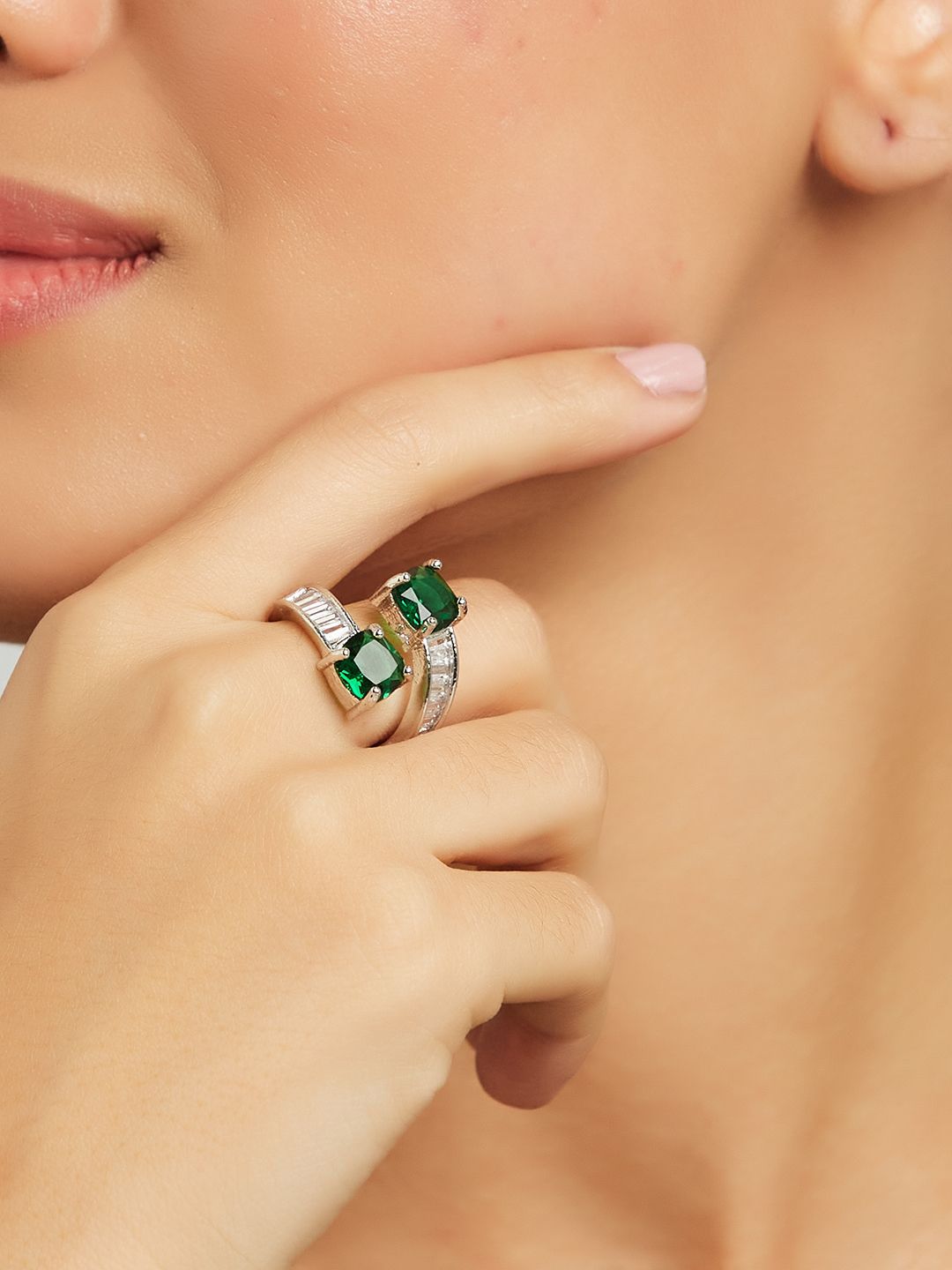 ATIBELLE Set Of 2 Silver-Plated CZ-Studded Adjustable Finger Rings