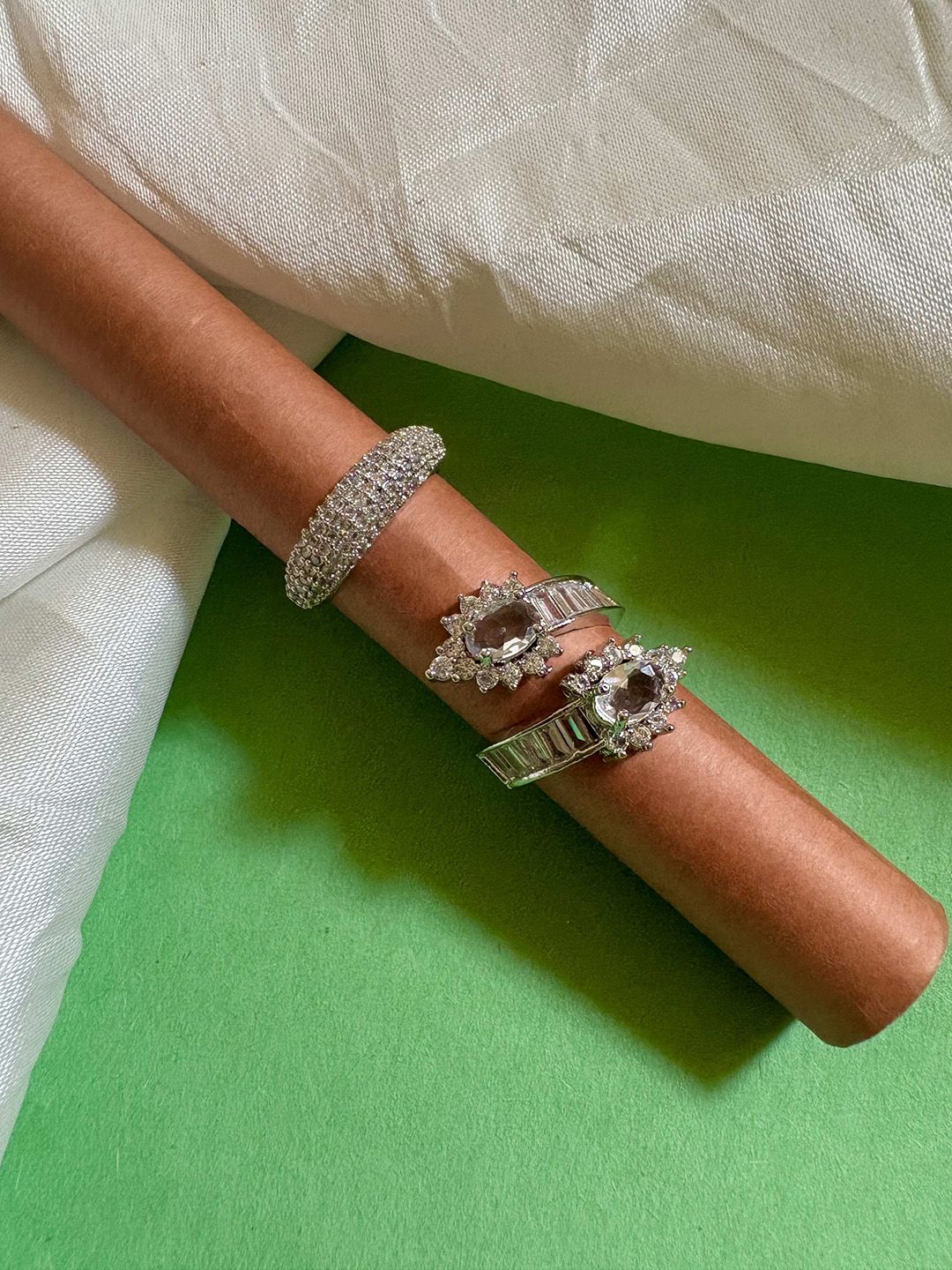 ATIBELLE Set Of 2 Silver-Plated CZ-Studded Finger Ring