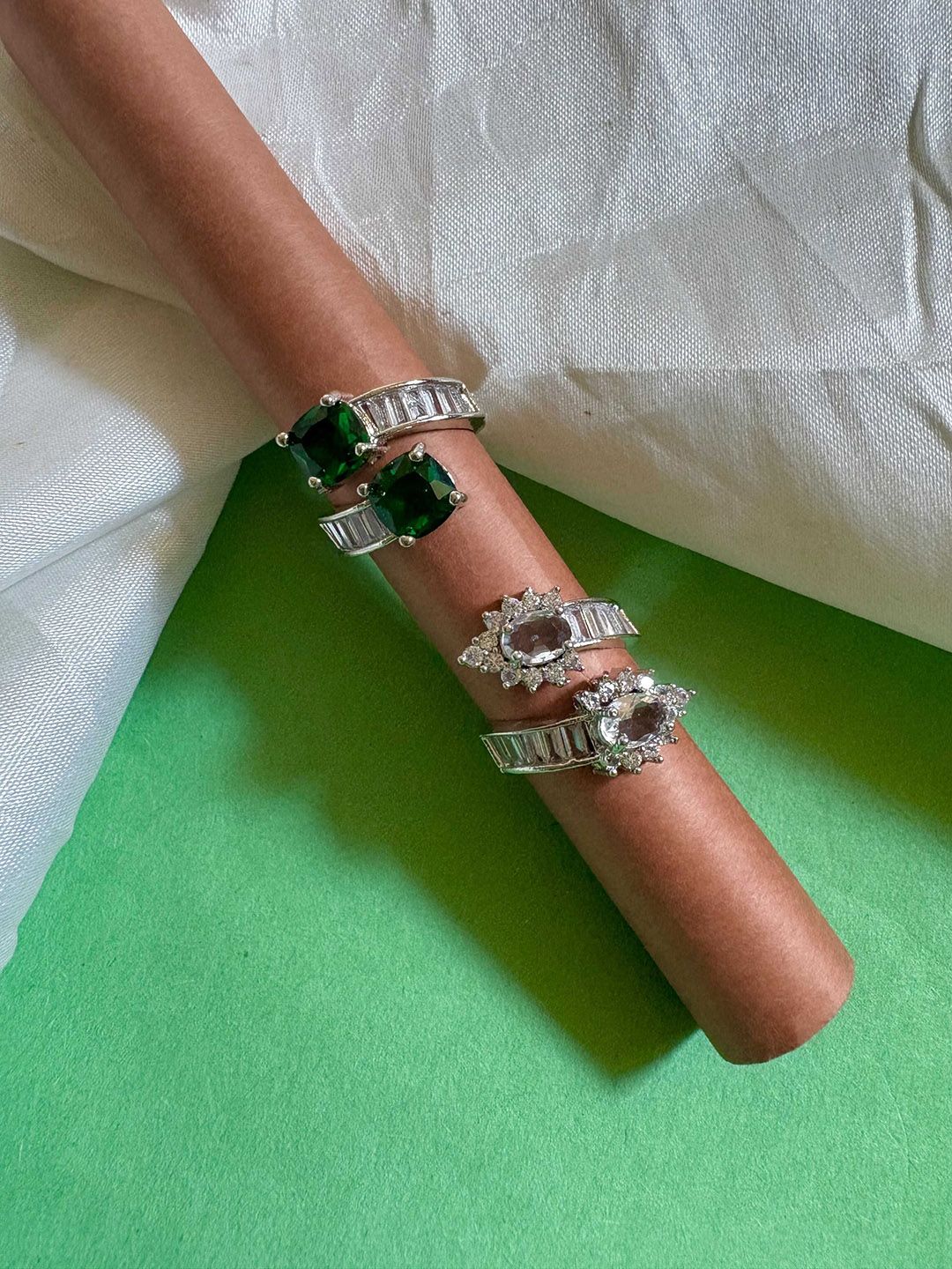 ATIBELLE Set Of 2 Silver-Plated CZ-Studded Adjustable Finger Rings