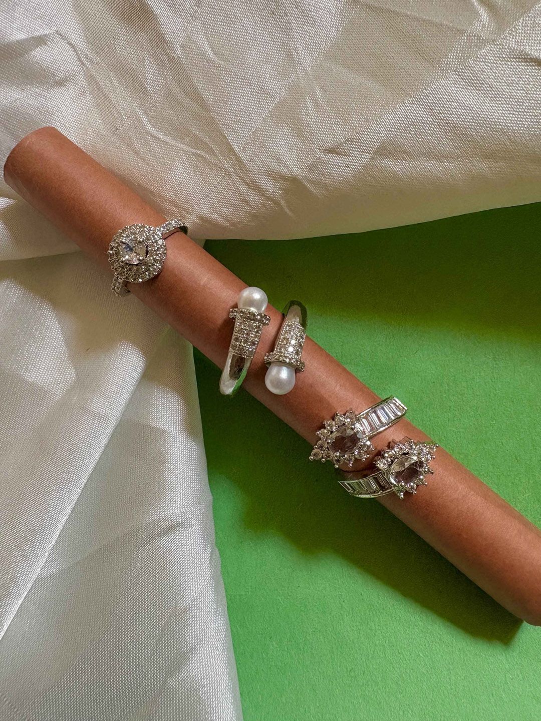 ATIBELLE Set Of 3 Silver-Plated CZ-Studded Adjustable Finger Rings