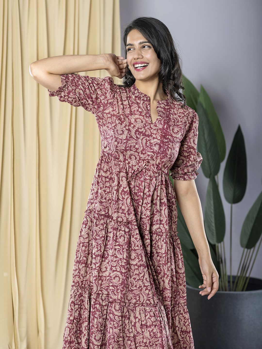 KALINI Women Floral Print Cotton Puff Sleeve Formal Fit & Flare Midi Dress