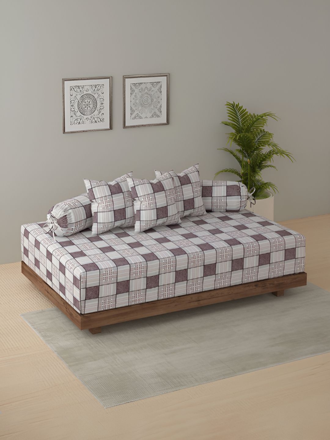 SWAYAM Set Of 6 Purple & White Checked Diwan Set-picture-31