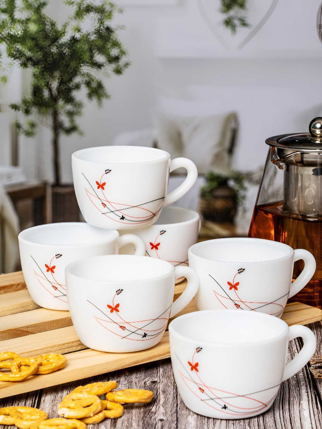 Cello White & Orange Floral Printed Opalware Glossy Mugs Set of Cups and Mugs-image-49