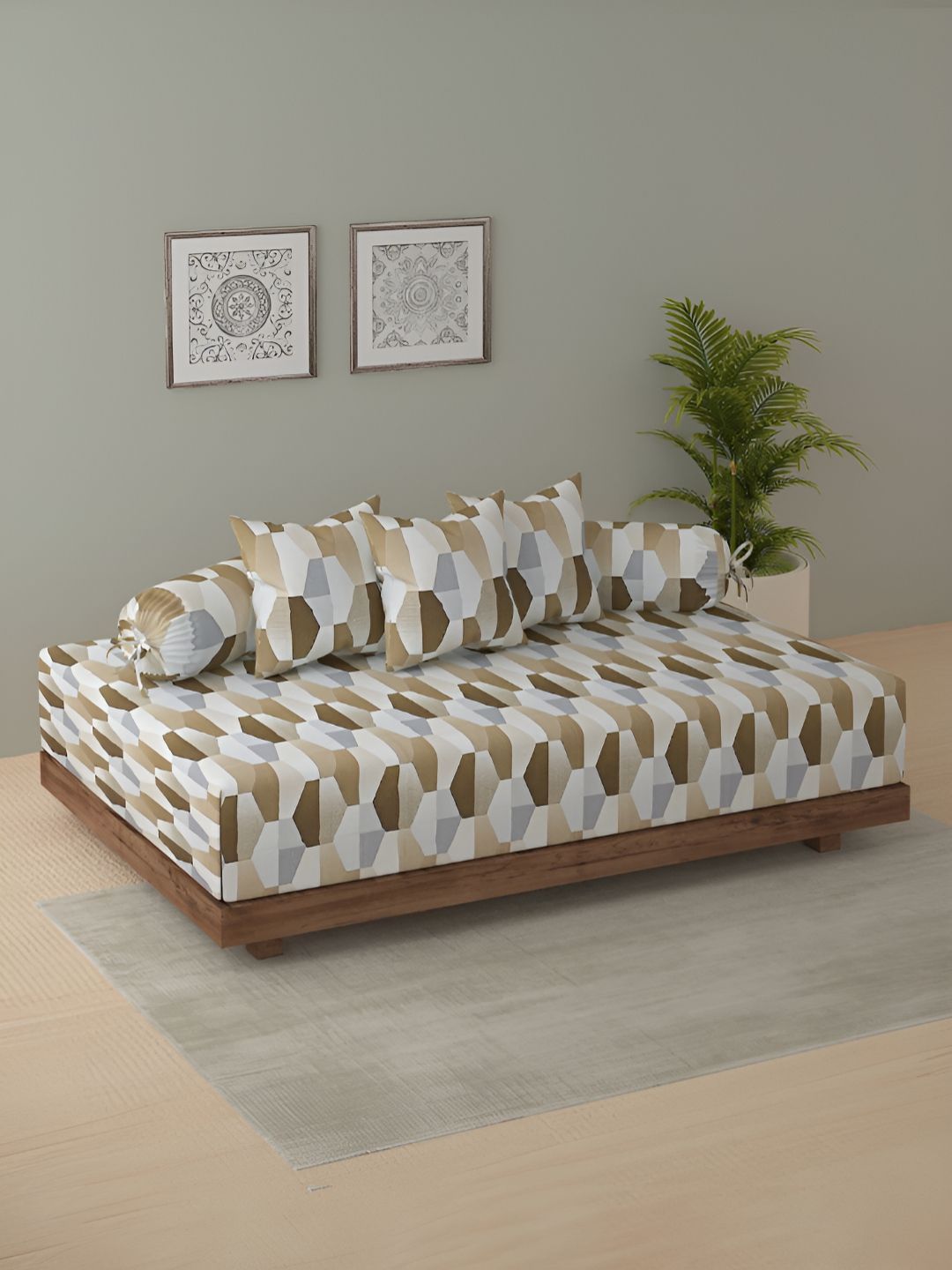 SWAYAM Beige & White Set Of 6 Geometric Printed Diwan Set-image-21
