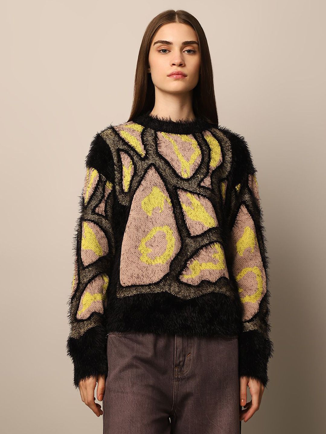 ONLY Women Cotton Self Design Long Sleeves Pullover with Fuzzy Detail-picture-15