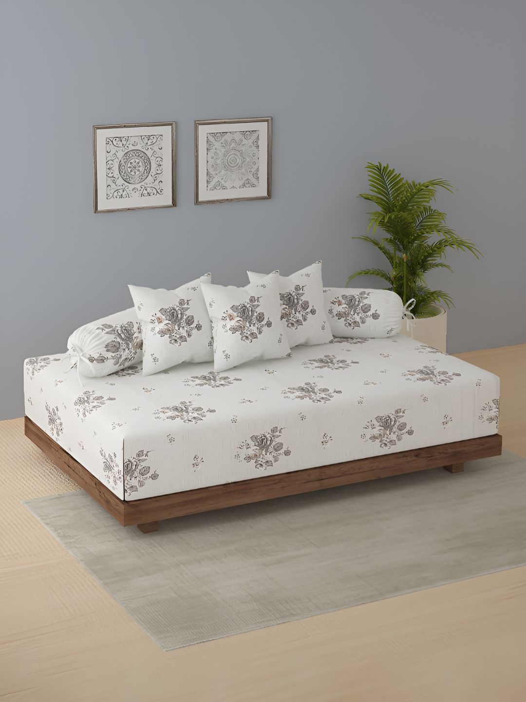 SWAYAM 6-Pcs Grey & Brown Printed Pure Cotton 120 GSM Diwan Set-image-28