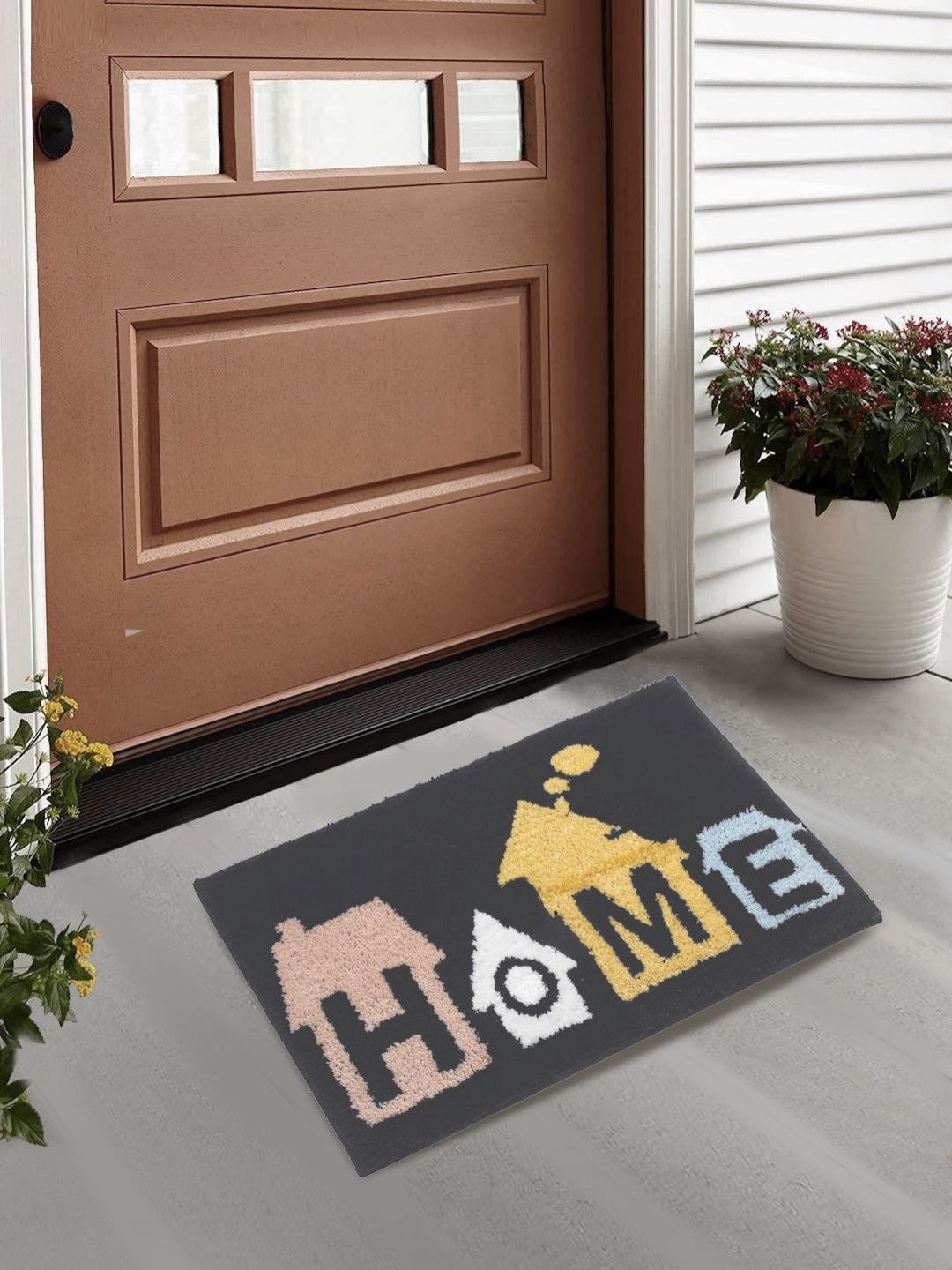 FABINALIV Peach-Colored & Grey Patterned Anti-Skid Doormat-picture-19