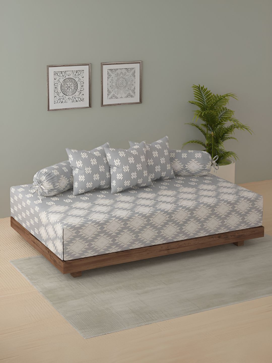 SWAYAM Grey & White 6 Pieces Striped Printed Cotton Diwan Set-image-33