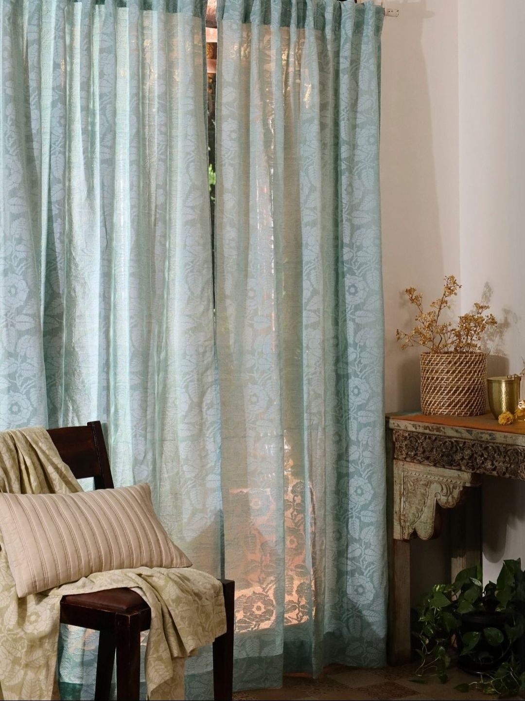 Peepul Tree Teal Set of 2 Floral Sheer Door Curtain-picture-39