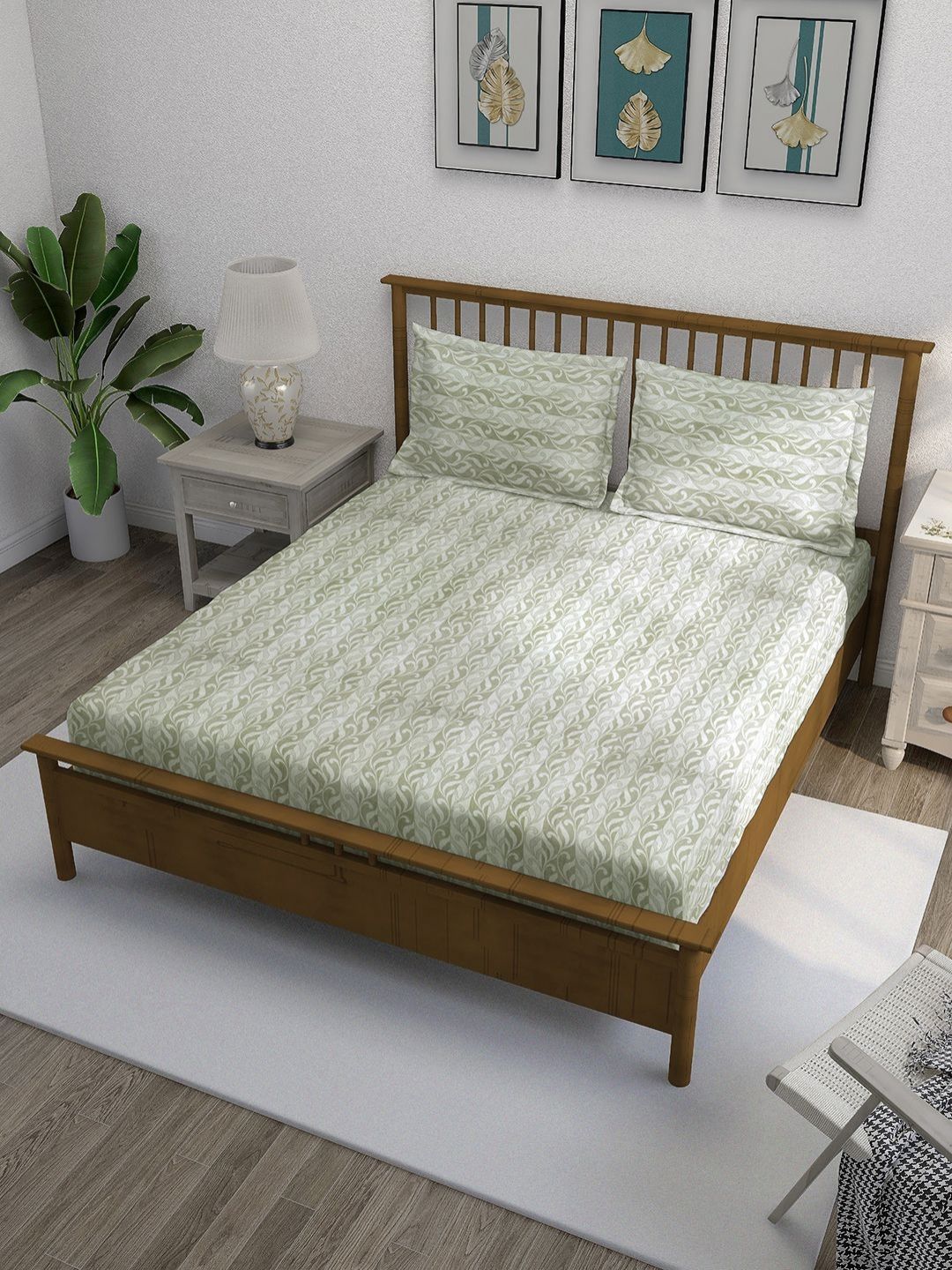 SWAYAM Ananda Green Printed Pure Cotton 210 TC Fitted Queen Bedsheet Set 1.98 x 1.82m-picture-38