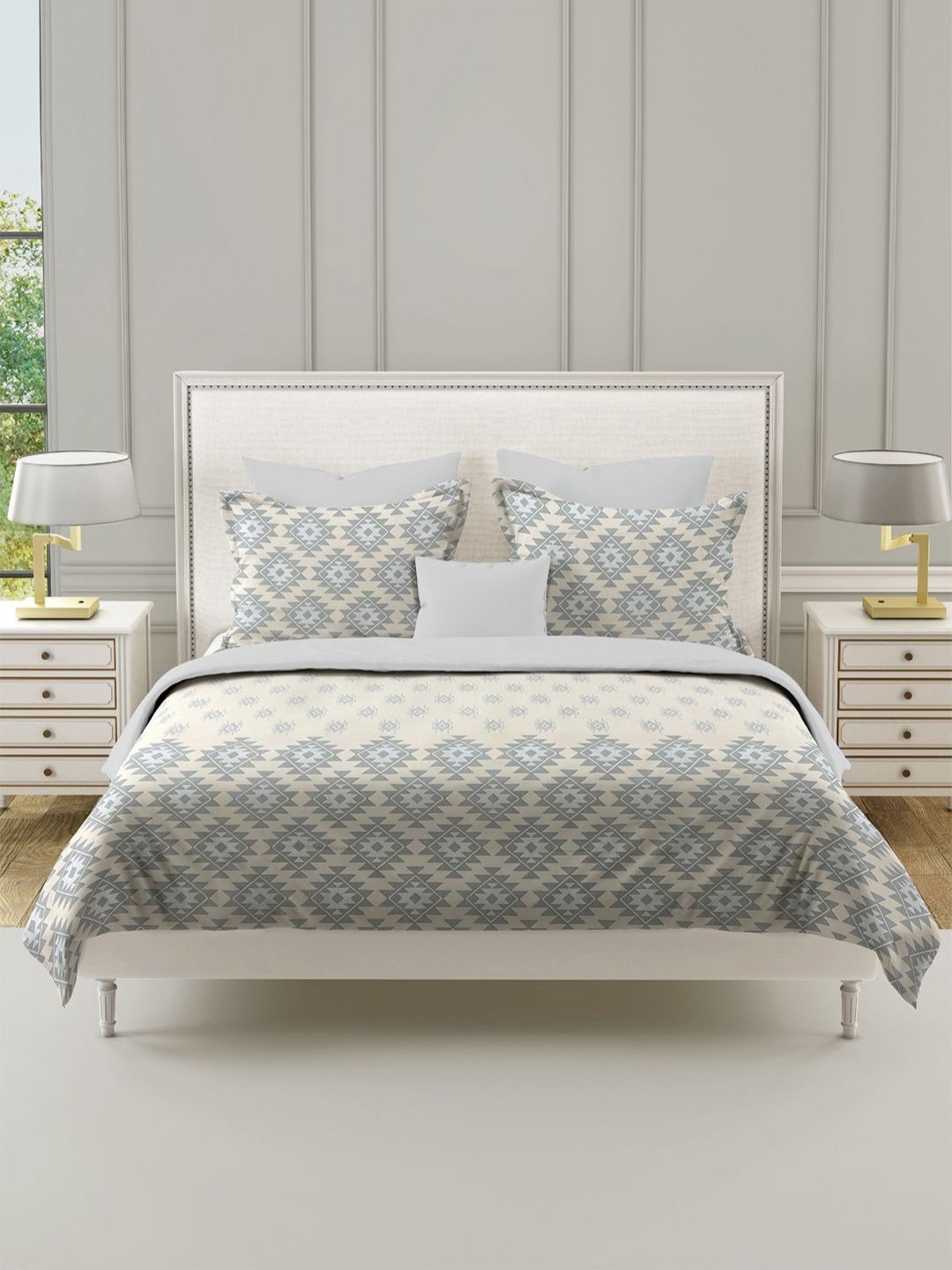 SWAYAM Beige & Grey Geometric 210 TC King Bedsheet with 2 Pillow Covers-picture-21