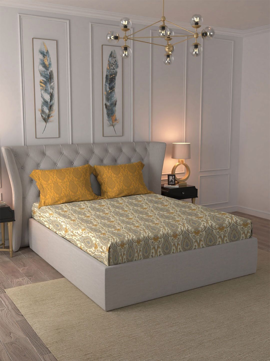 MYTRIDENT Mustard & Grey Floral 144 TC Queen Bedsheet with 2 Pillow Covers-picture-14