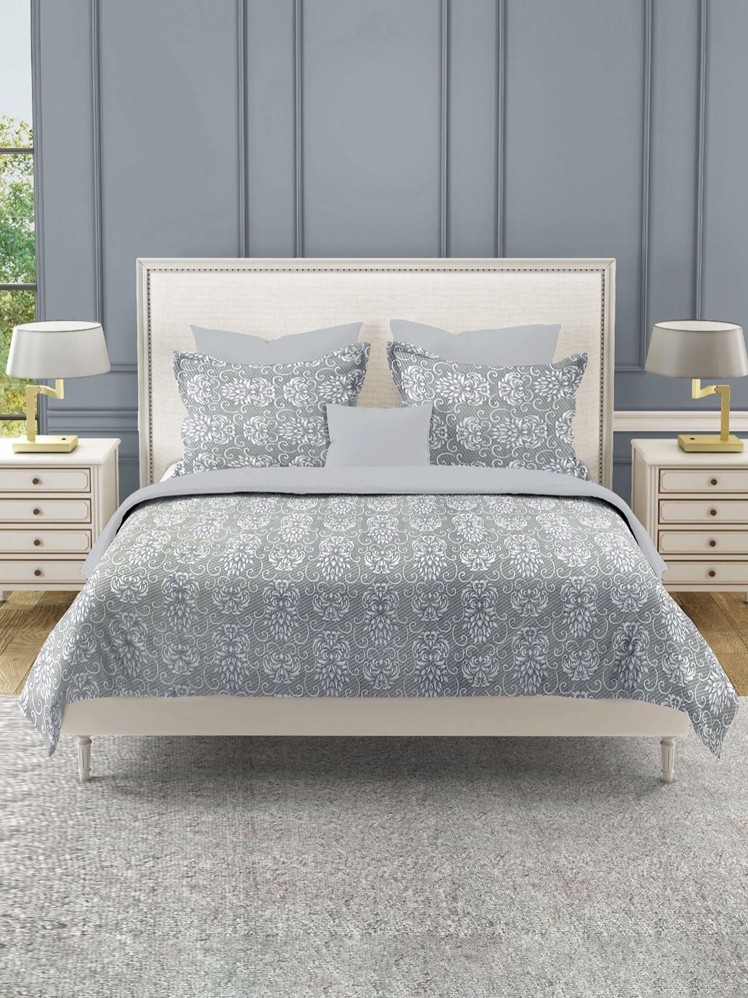 SWAYAM Grey Floral 210 TC King Bedsheet with 2 Pillow Covers-picture-39
