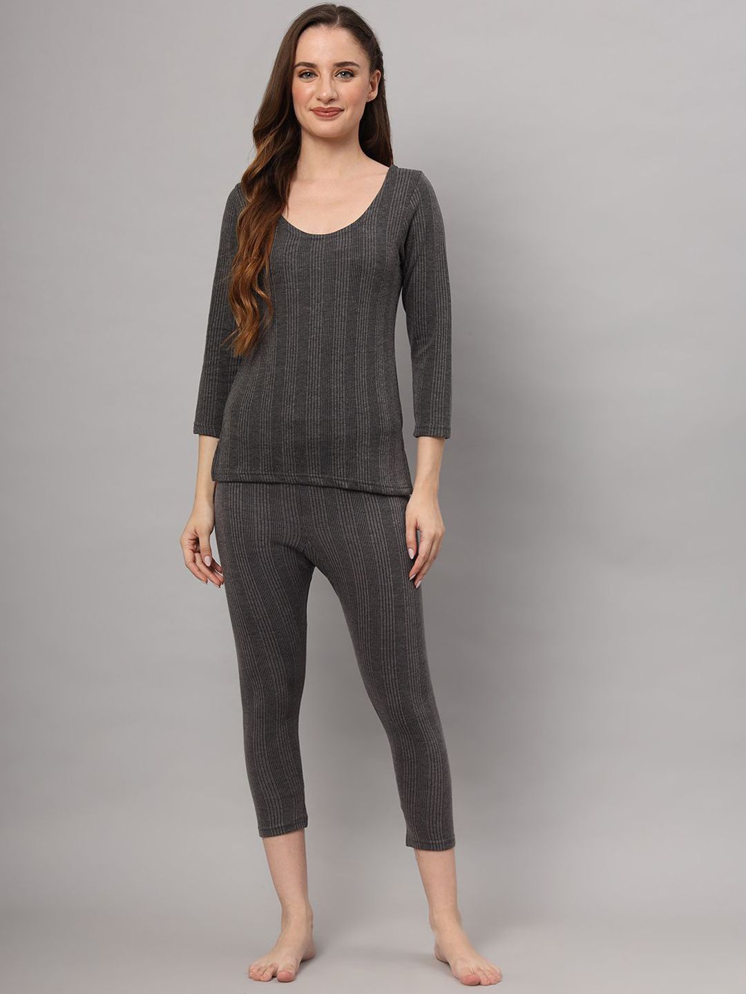 ESOROUCHA Women Round Neck Striped Ribbed Thermal Set-picture-24