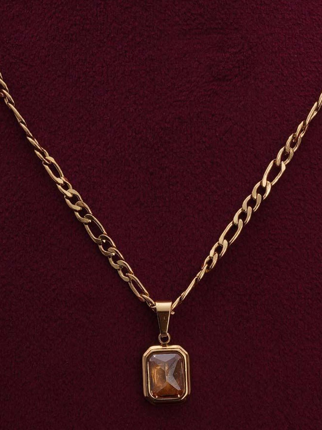 PALMONAS Stainless Steel Gold-Plated Stone-Studded Square-Shaped Pendant With Chain