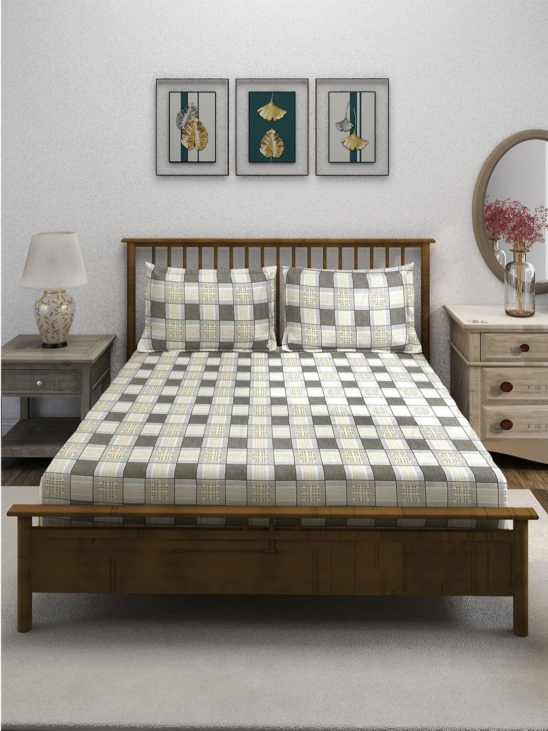 SWAYAM Ananda Yellow Printed Pure Cotton 210 TC Fitted Queen Bedsheet Set 1.98 x 1.82m-picture-25