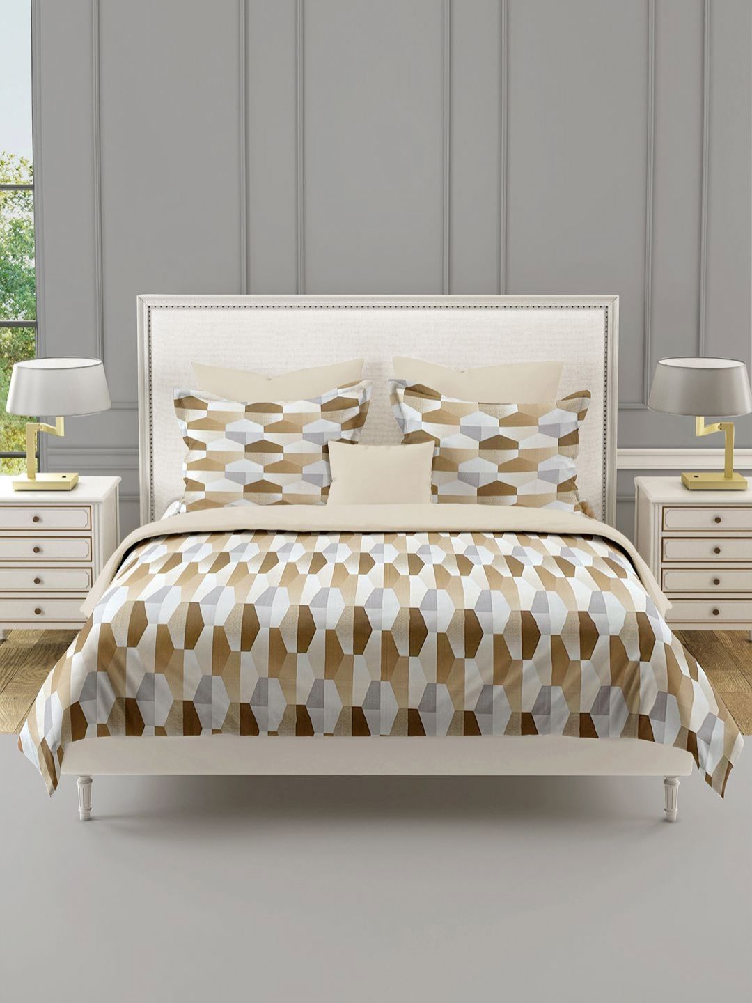SWAYAM Beige & White Geometric 210 TC King Bedsheet with 2 Pillow Covers-picture-18