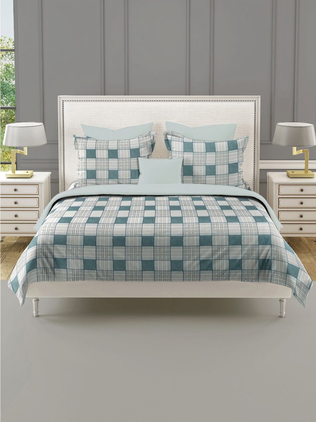 SWAYAM Ananda Blue & Grey Checked 210 TC Pure Cotton King Bedsheet Set-2.73 m x 2.73 m-picture-31