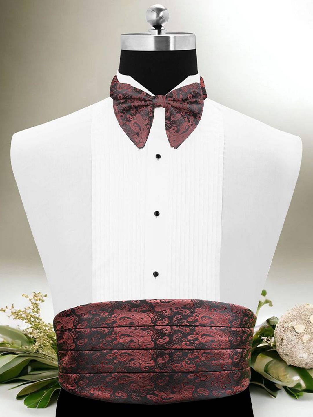PELUCHE Men Woven Design Cummerbund, Bow Tie & Pocket Square Set-picture-15