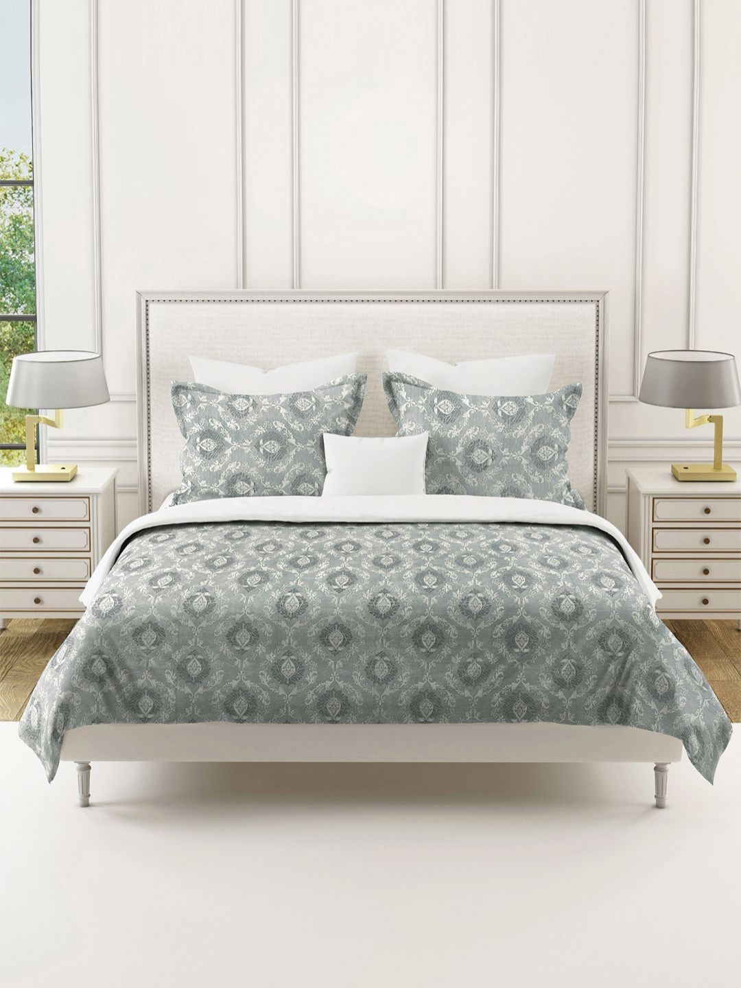 SWAYAM Grey & White Ethnic Motifs 210 TC King Bedsheet with 2 Pillow Covers-picture-11