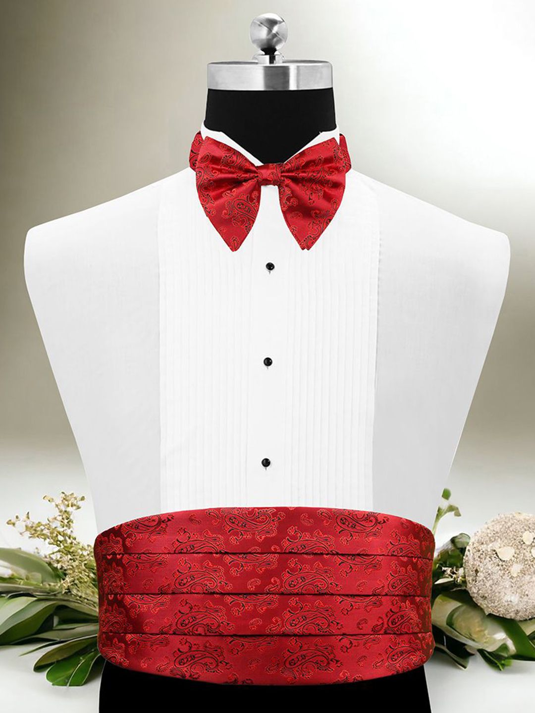 PELUCHE Men Woven Design Cummerbund, Bow Tie & Pocket Square-picture-41