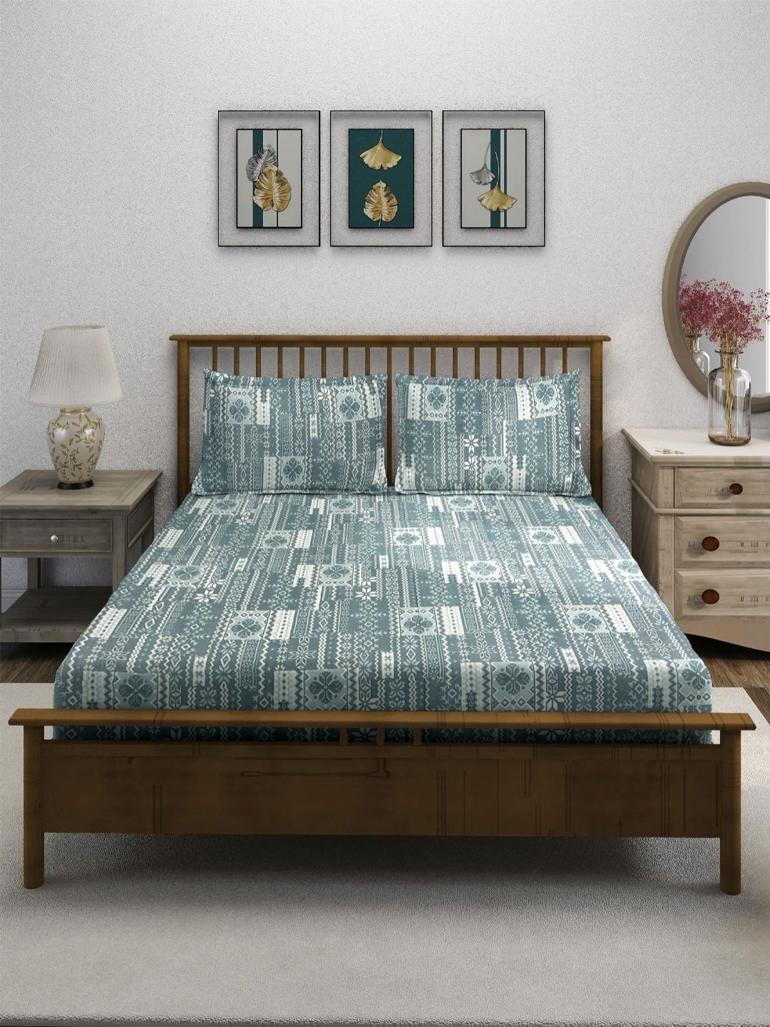 SWAYAM Green & White Geometric 210 TC King Bedsheet with 2 Pillow Covers-picture-37