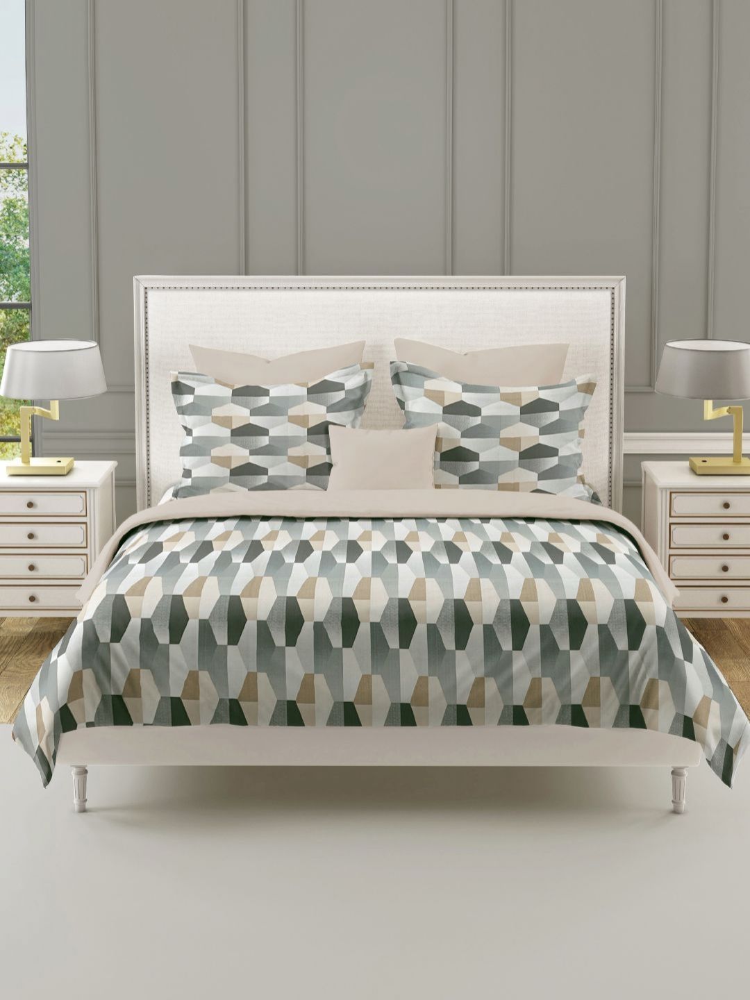 SWAYAM Grey & Beige Geometric 210 TC King Bedsheet with 2 Pillow Covers-picture-24