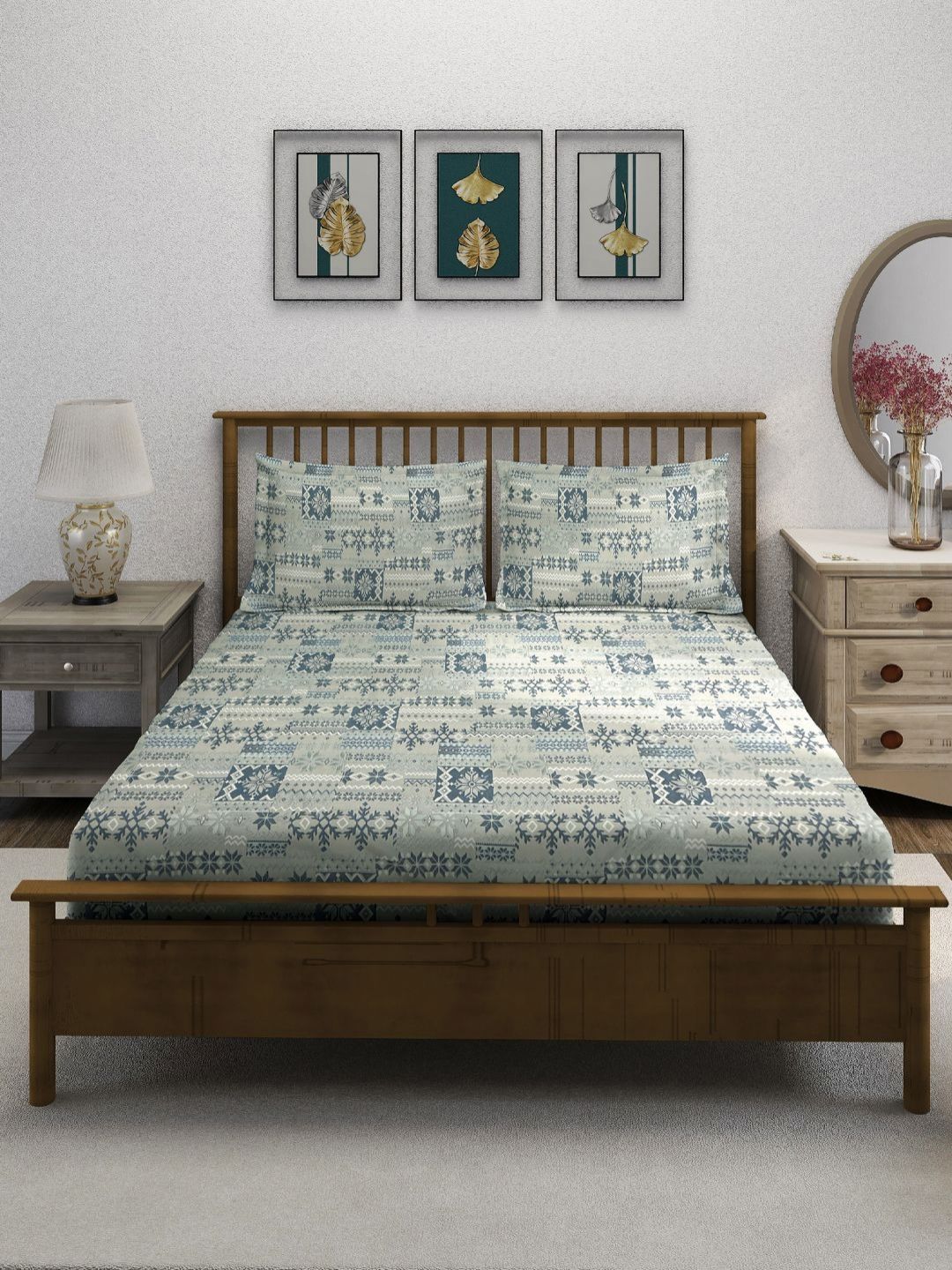 SWAYAM Grey & White Geometric 210 TC King Bedsheet with 2 Pillow Covers-picture-32