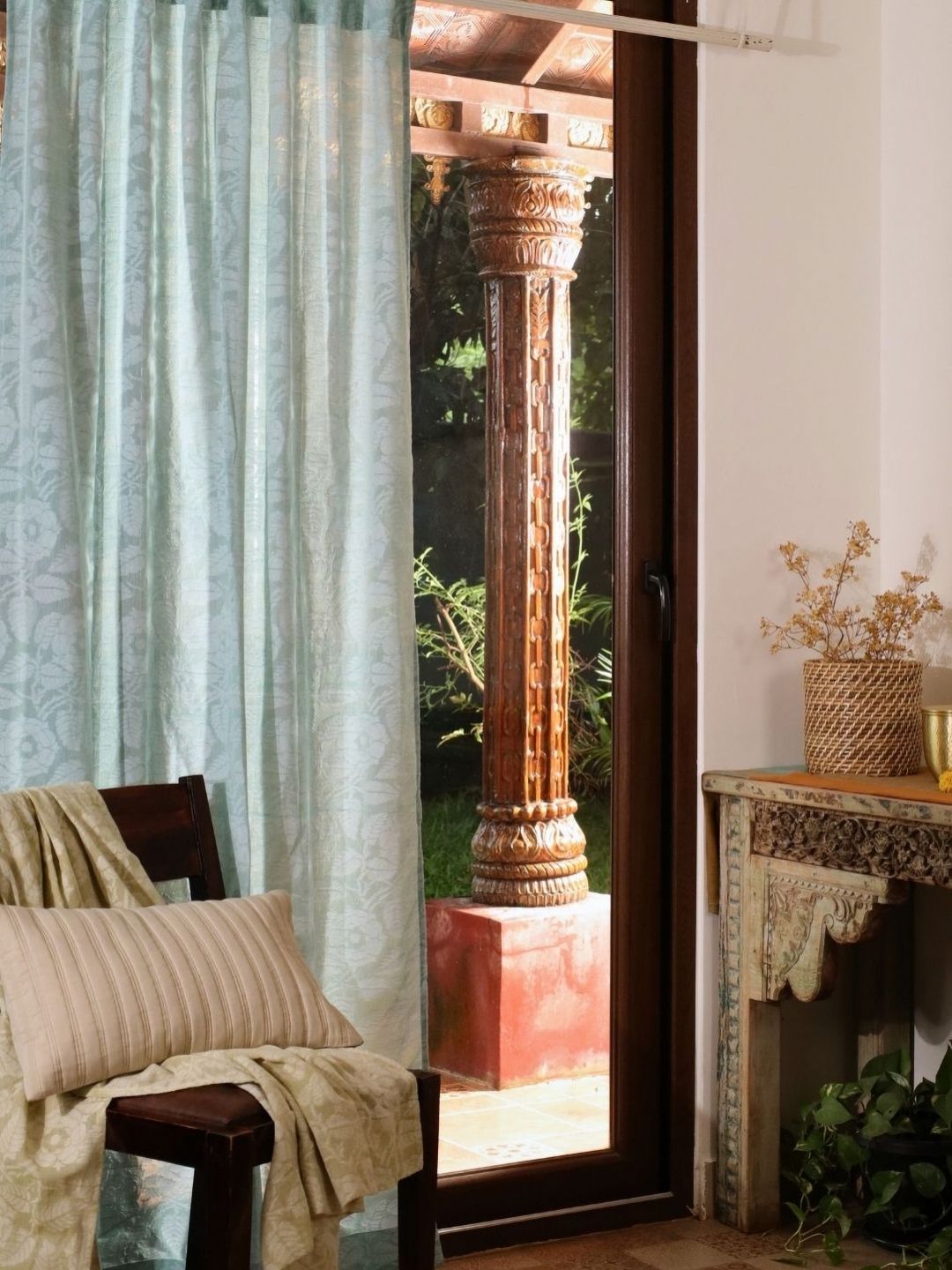 Peepul Tree Teal & Grey Floral Sheer Door Curtain-picture-37