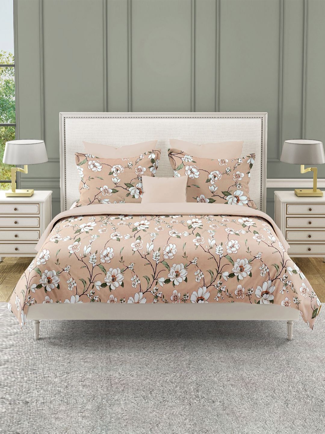 SWAYAM Beige & White Floral 210 TC King Bedsheet with 2 Pillow Covers-picture-35