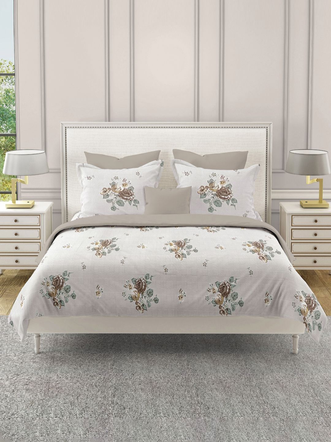 SWAYAM Beige & White Floral 210 TC King Bedsheet with 2 Pillow Covers-picture-30