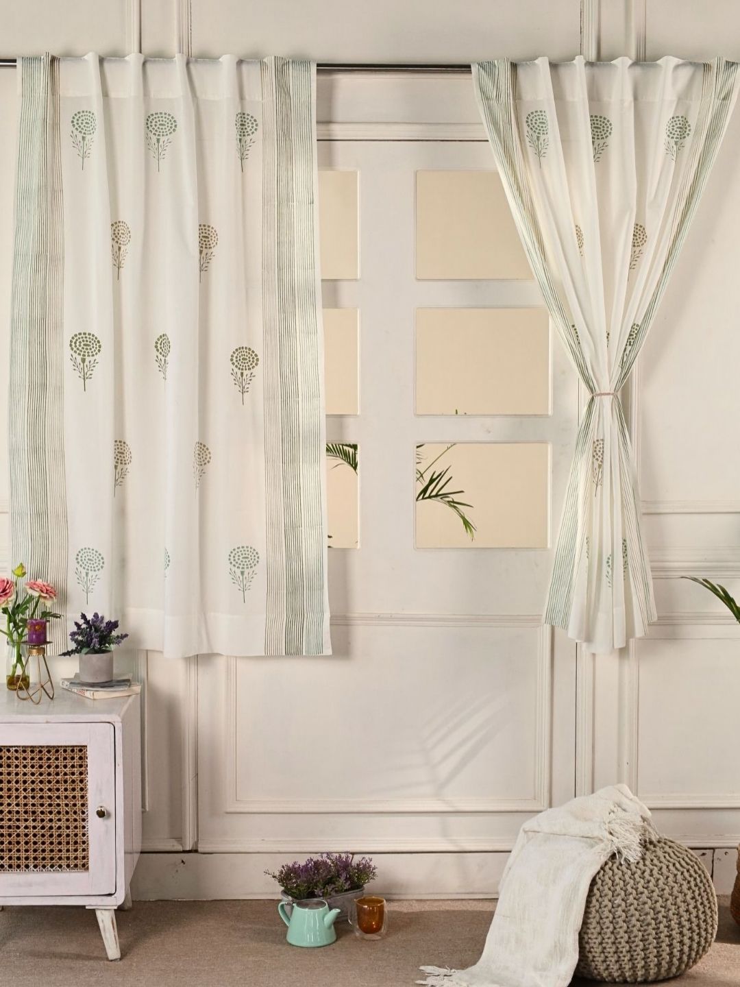 Peepul Tree Teal & Off White Set of 2 Floral Window Curtain-picture-57