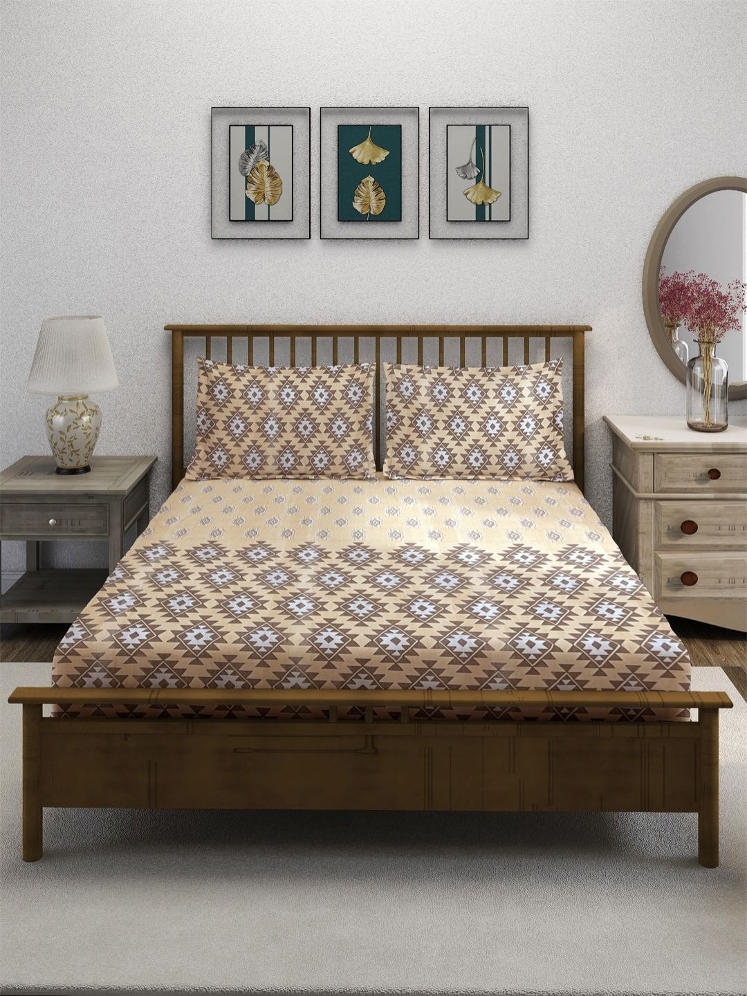 SWAYAM Beige & White Geometric 210 TC Queen Bedsheet with 2 Pillow Covers-picture-28