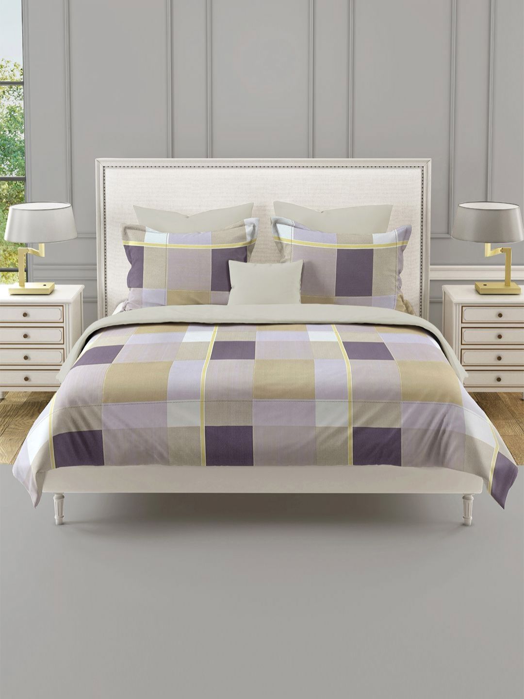 SWAYAM Ananda Purple Checked Pure Cotton 210TC Fitted Queen Bedsheet Set 1.98 x 1.82m-picture-19