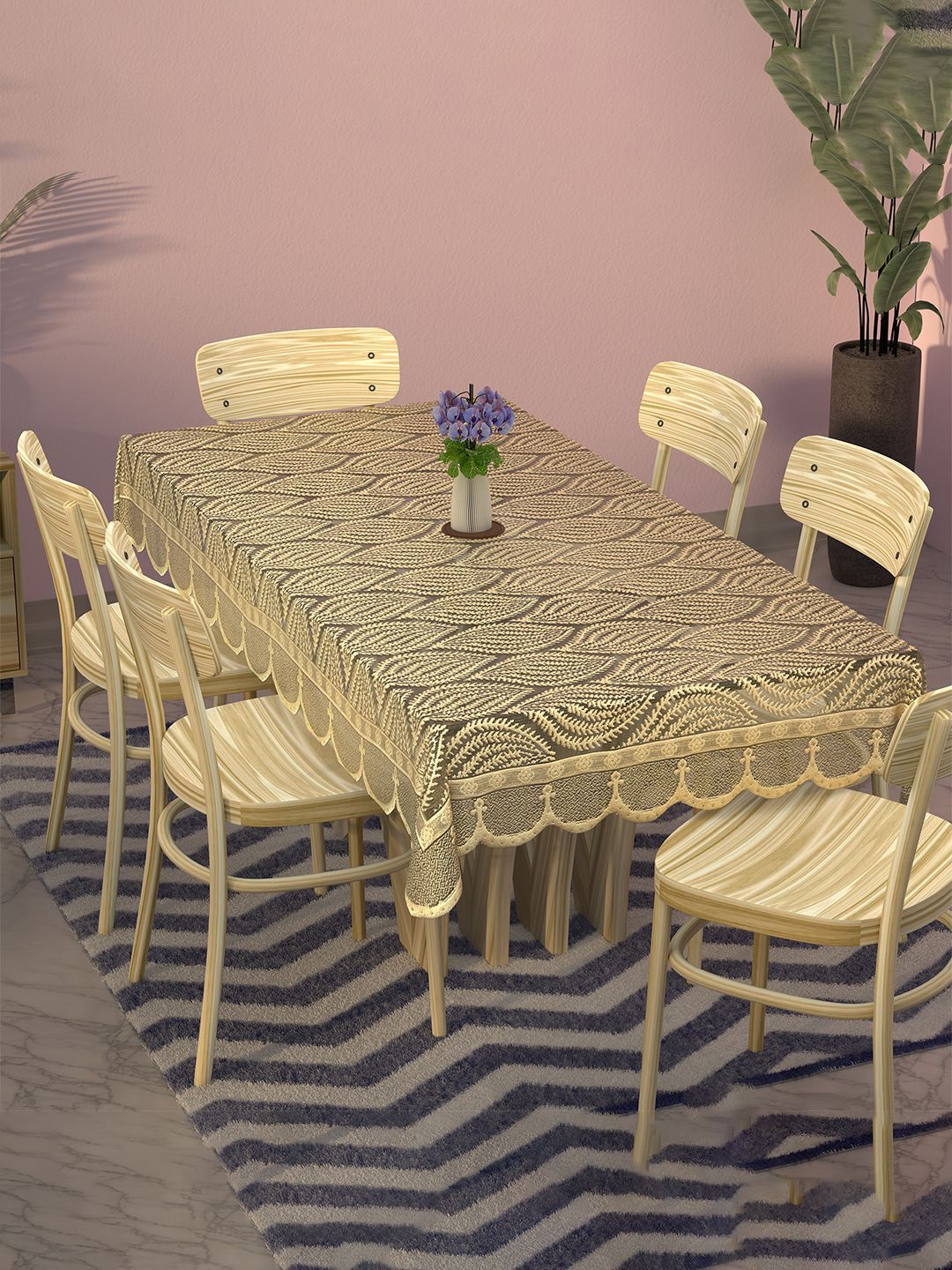 Kuber Industries Gold-Toned Self Design Cotton 6-Seater Table Cover