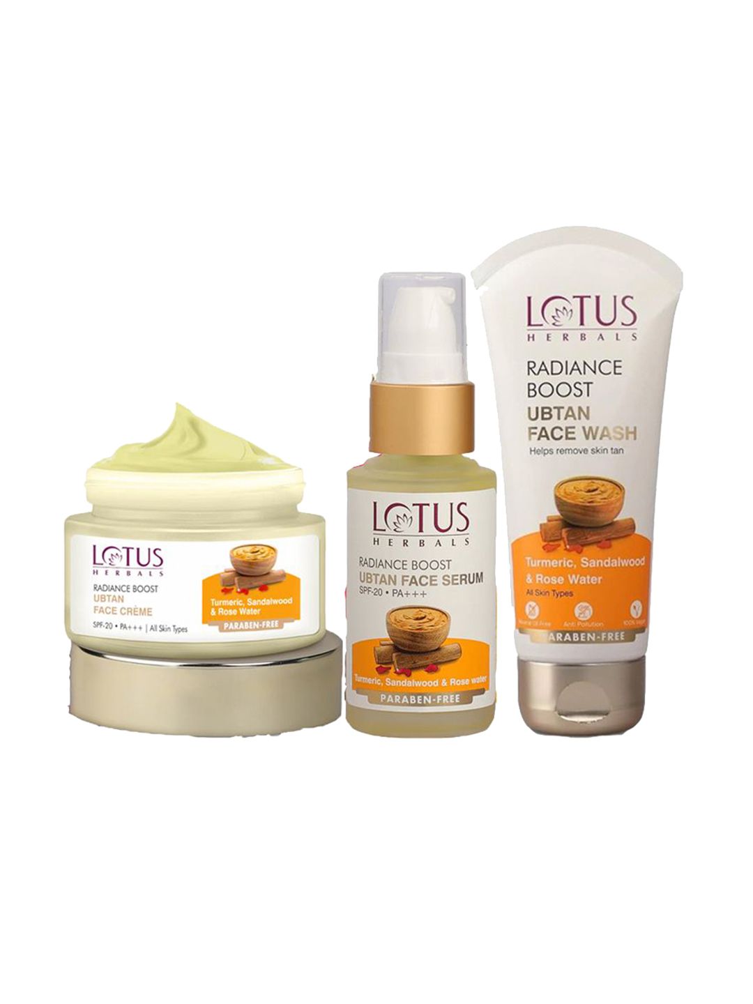 Lotus Herbals Set Of 3 Radiance Boost Ubtan Face Cream 50 g, Serum 30 ml ,Face Wash 50 g