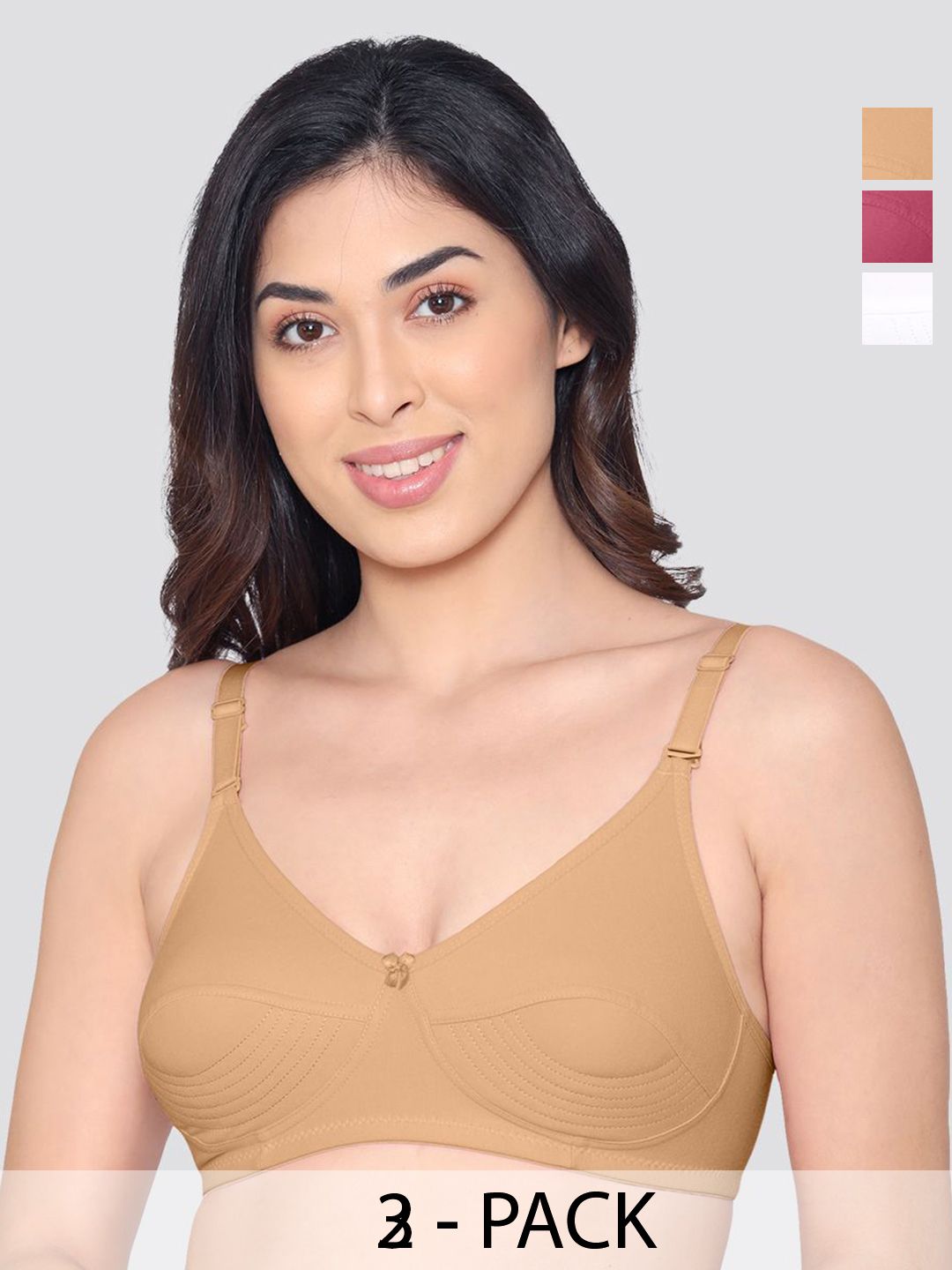 Kalyani Pranika Pack of 3 Full Coverage Side Stitching Everyday Bra CML WHT RBD