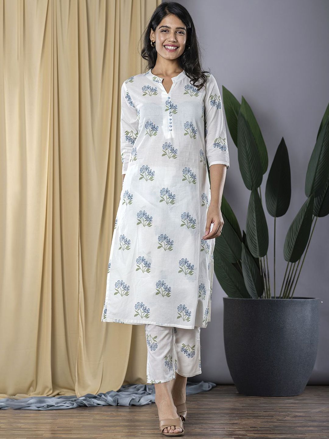 KALINI Floral Printed Mandarin Collar Pure Cotton Straight Kurta With Trousers