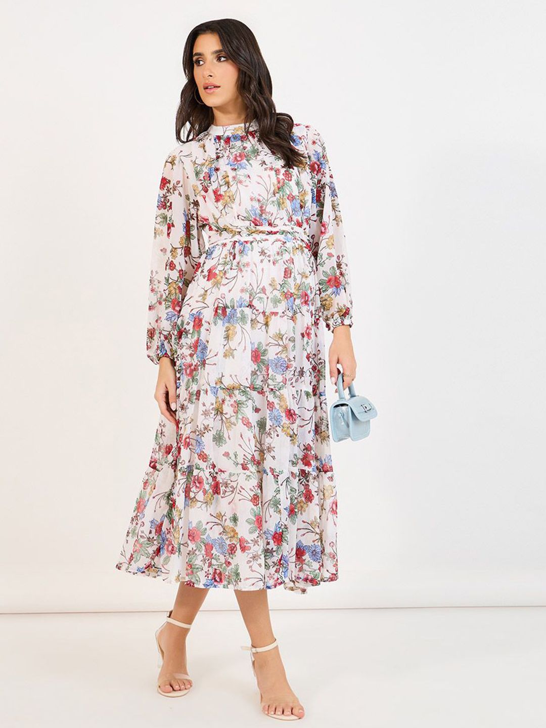 Styli Women Floral Printed High Neck Puff Sleeve A-Line Maxi Dress