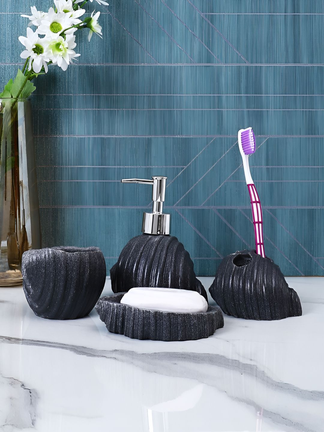 TAYHAA Grey 4 piece Abstract Resin Bath Accessories Set-image-16