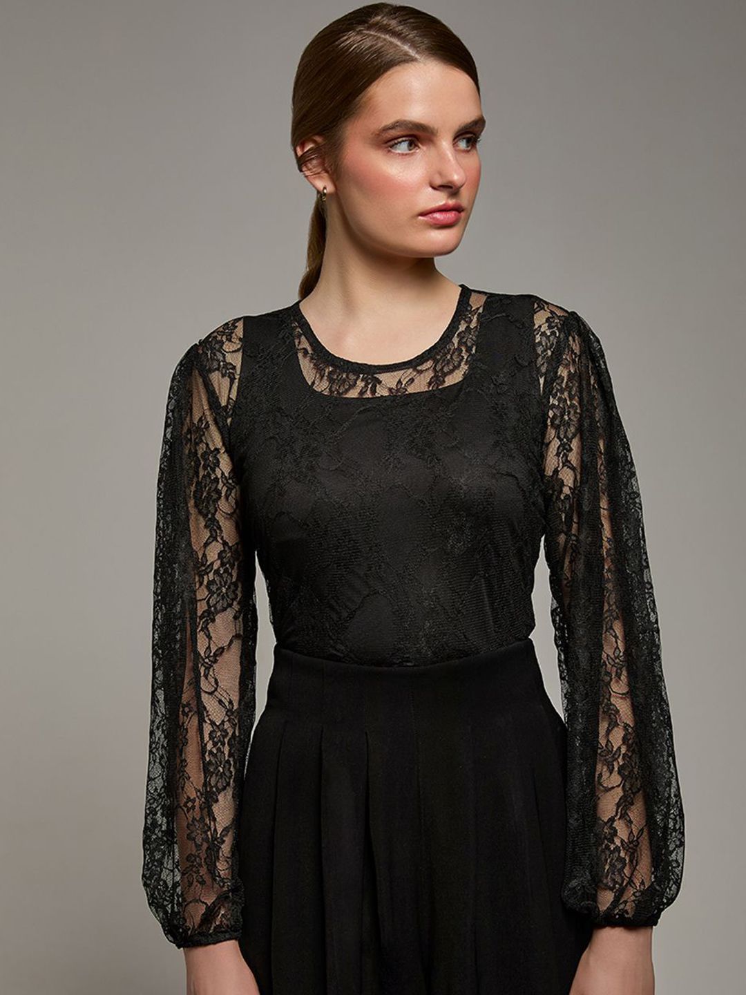 TORSHA Round Neck Self Design Net Top-image-26