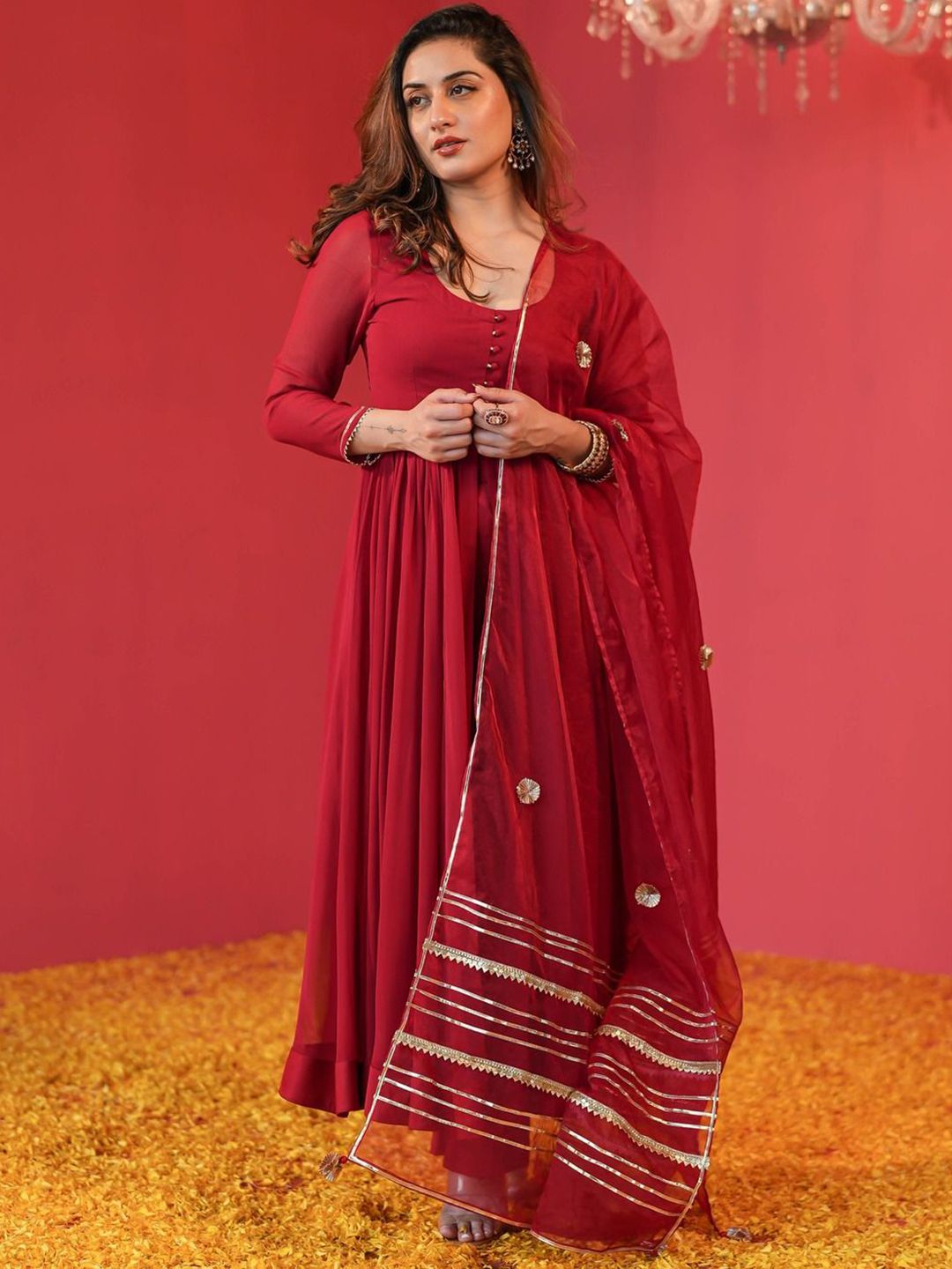 GoSriKi Women Plus Size Solid Anarkali Kurta with Trousers & With Dupatta-picture-31