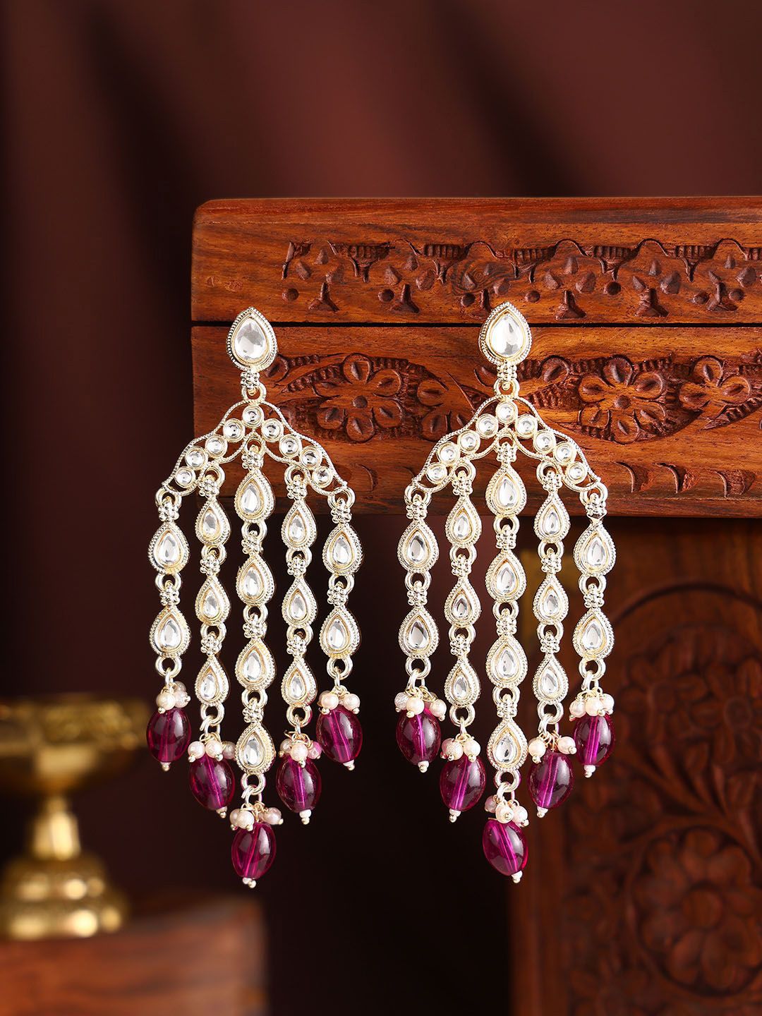 Priyaasi Gold-Plated Kundan Stone Studded & Pearls Beaded Teardrop Shaped Drop Earrings-picture-22