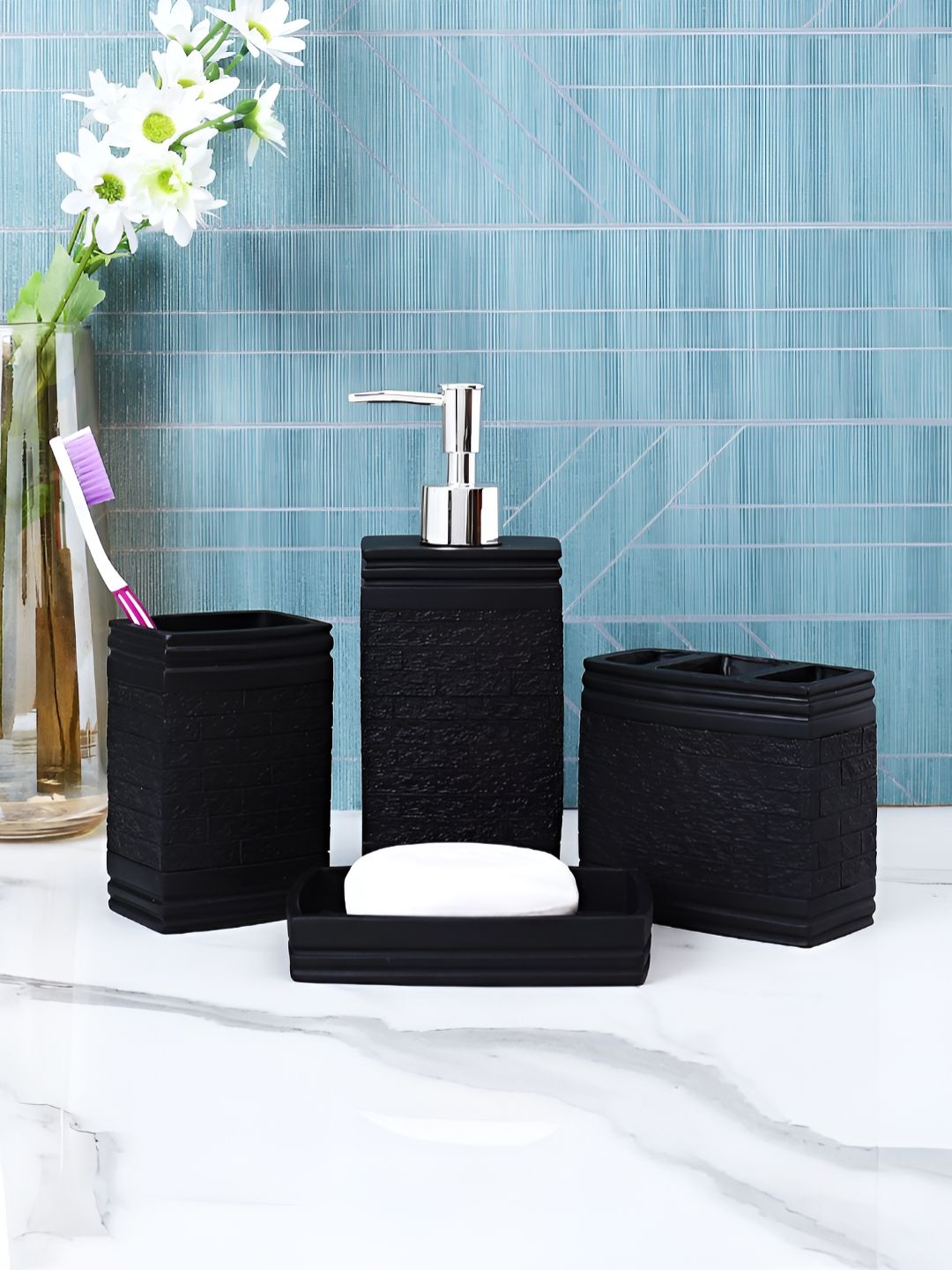 TAYHAA Black 4 piece Geometric Resin Bath Accessories Set-picture-13