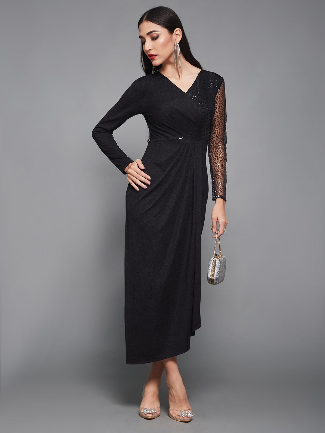 Miss Chase Women Embellished V-Neck Long Sleeves Wrap Maxi Dress-picture-23