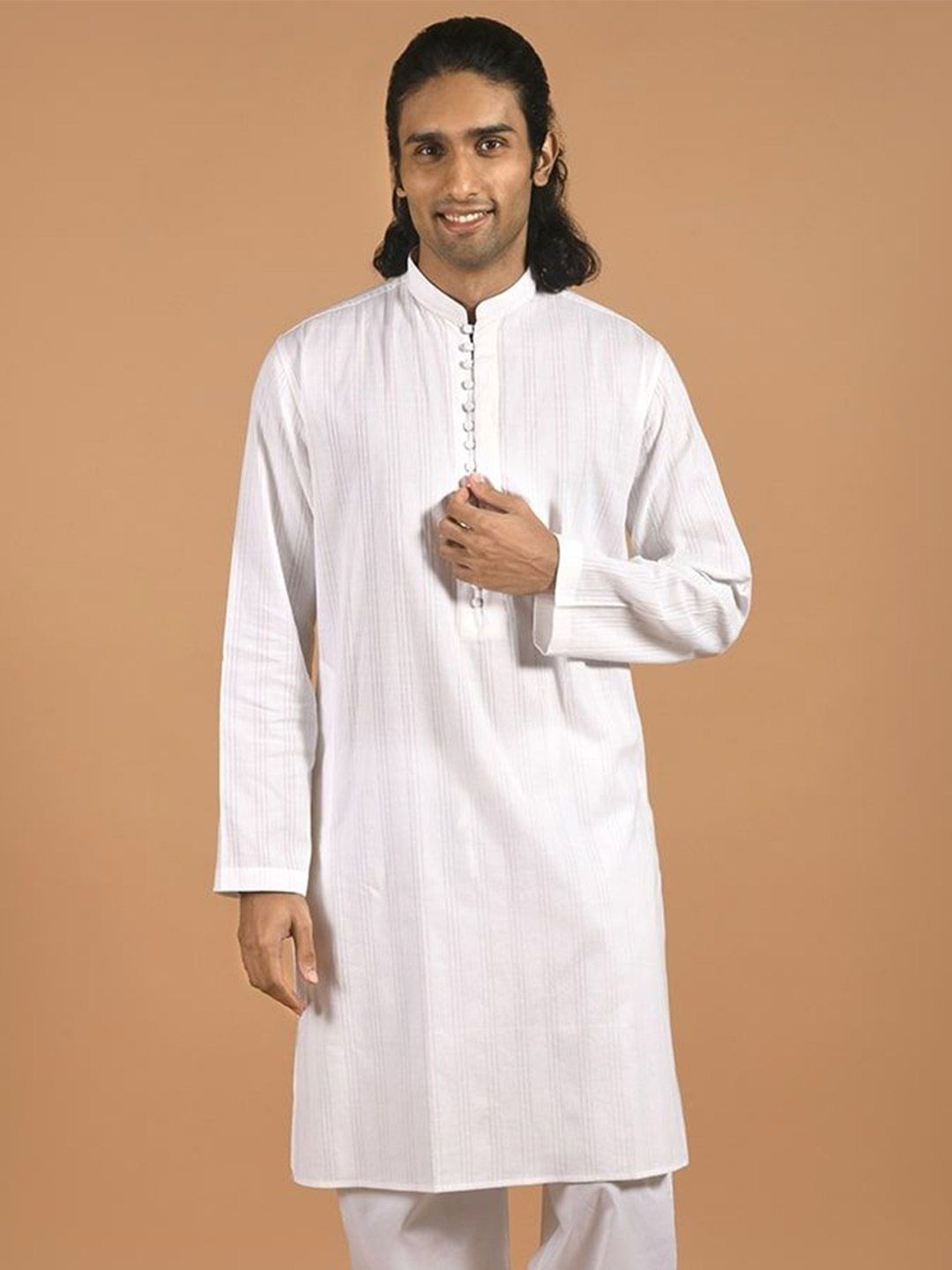 KINGDOM OF WHITE Striped Mandarin Collar Pure Cotton Kurta-picture-24