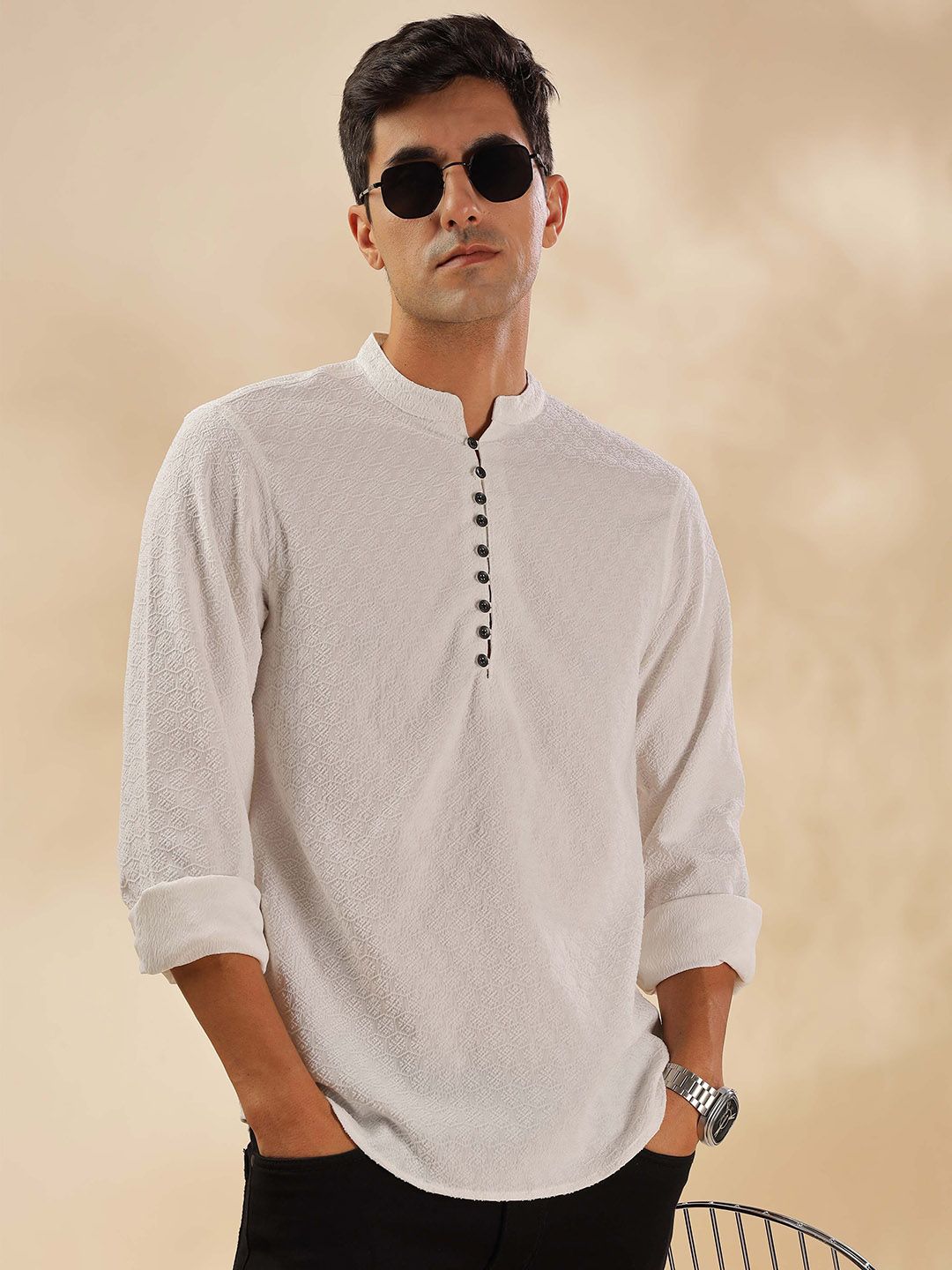 HERE&NOW Geometric Woven Design Thread Work Mandarin Collar Straight Short Kurta