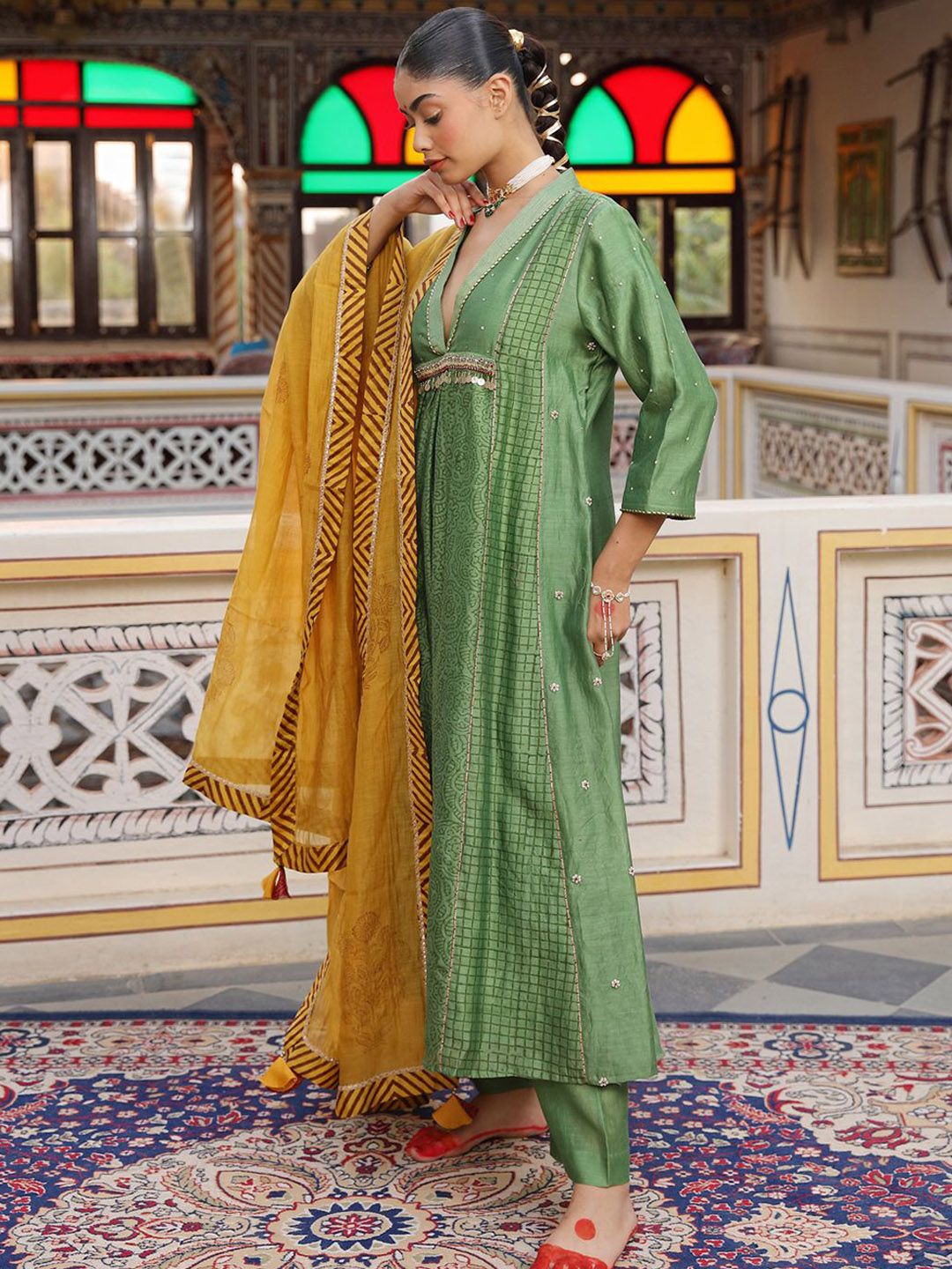 AMOREE Geometric Printed V-Neck Pure Silk A-Line Kurta With Trousers & Dupatta-picture-16
