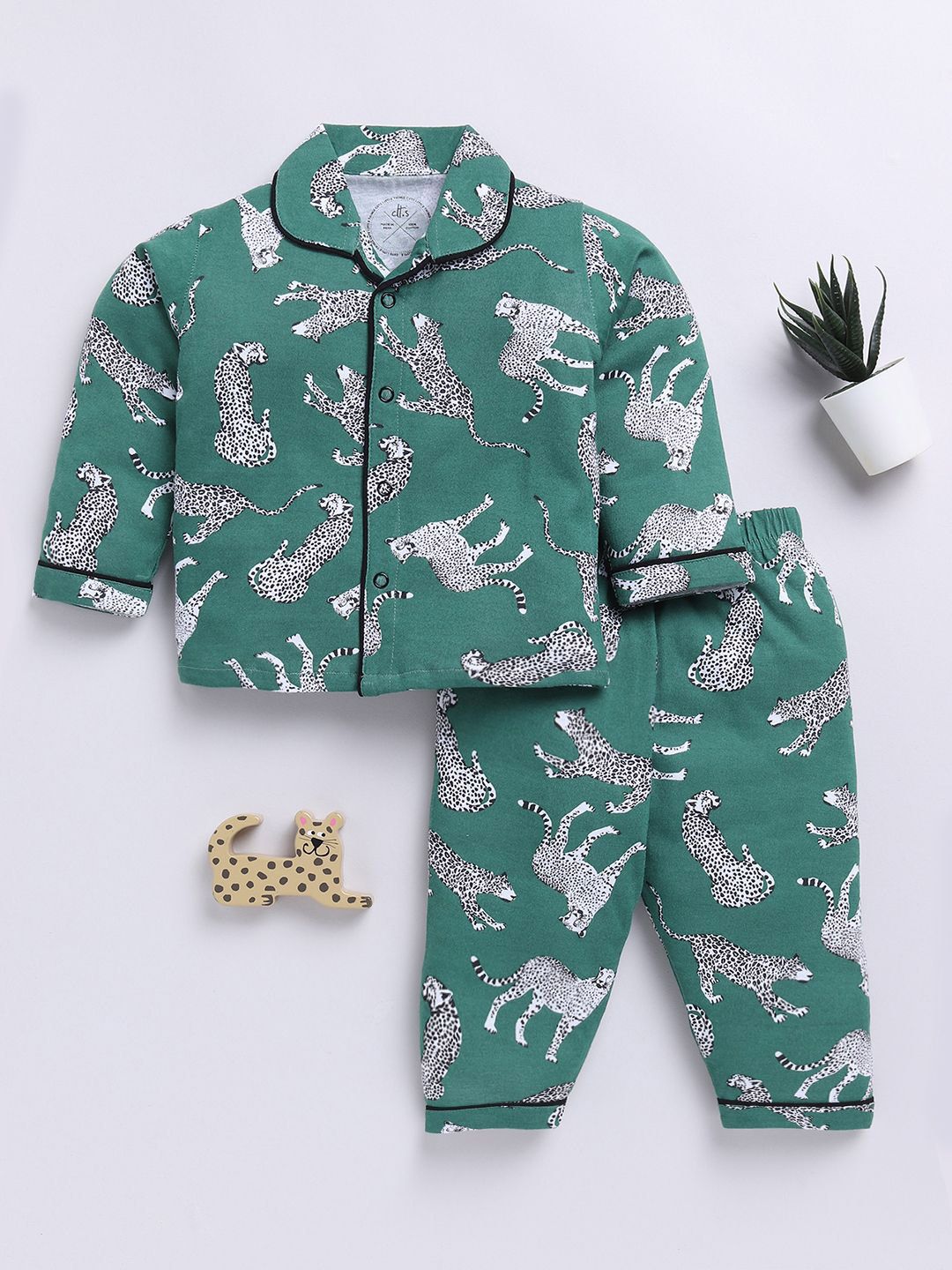 Clt.s Kids - Unisex Animal Printed Pure Cotton Shirt Collar Night suit