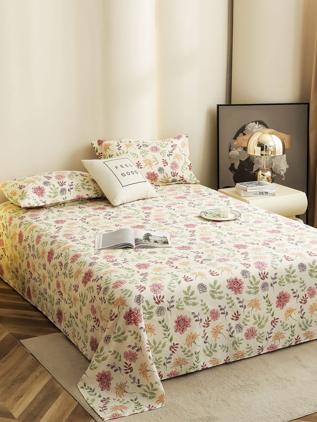 Story@home Off White Floral Printed 300 TC Microfiber King Bedsheet with 2 Pillow Covers-image-12